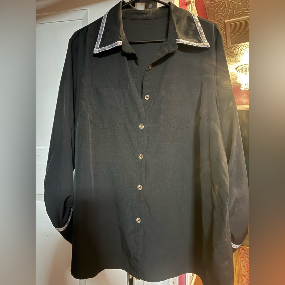 Black Button-Up Shirt with Silver Accents